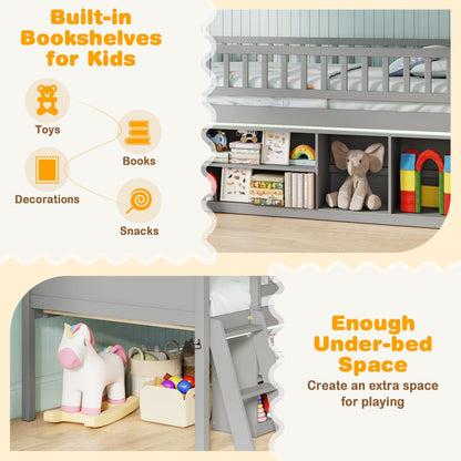 Twin Loft Bed with LED Lights & Bookshelf for Kids
