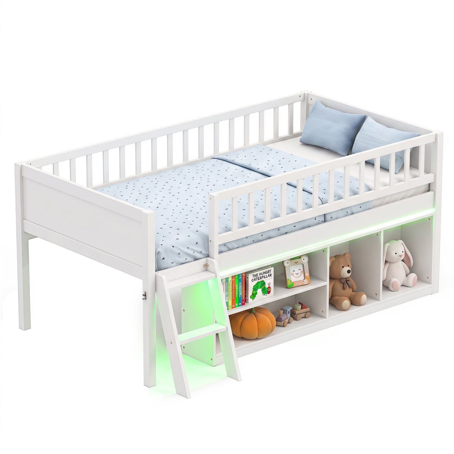 Twin Loft Bed with LED Lights & Bookshelf for Kids