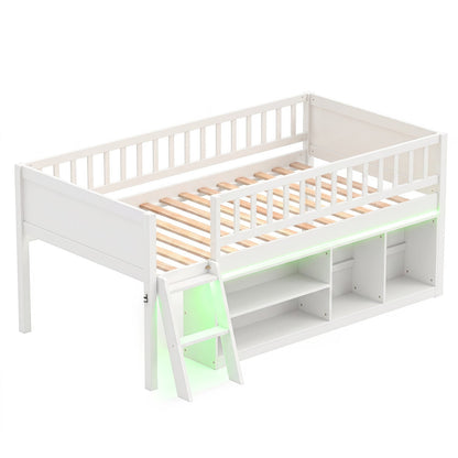 Twin Loft Bed with LED Lights & Bookshelf for Kids
