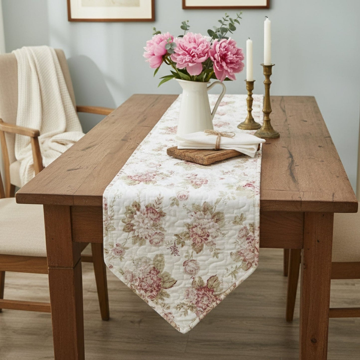 Cottage Floral Roses Quilted Cotton Dining Table Runner