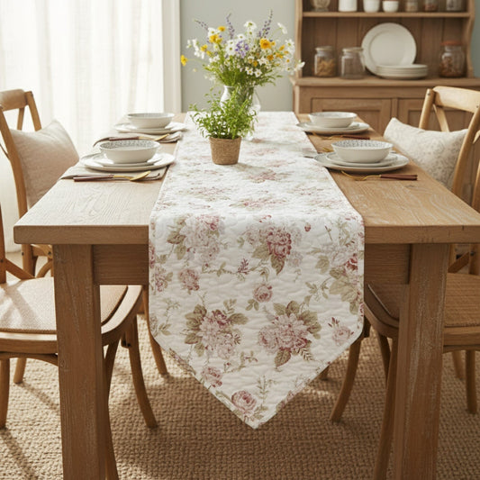 Cottage Floral Roses Quilted Cotton Dining Table Runner