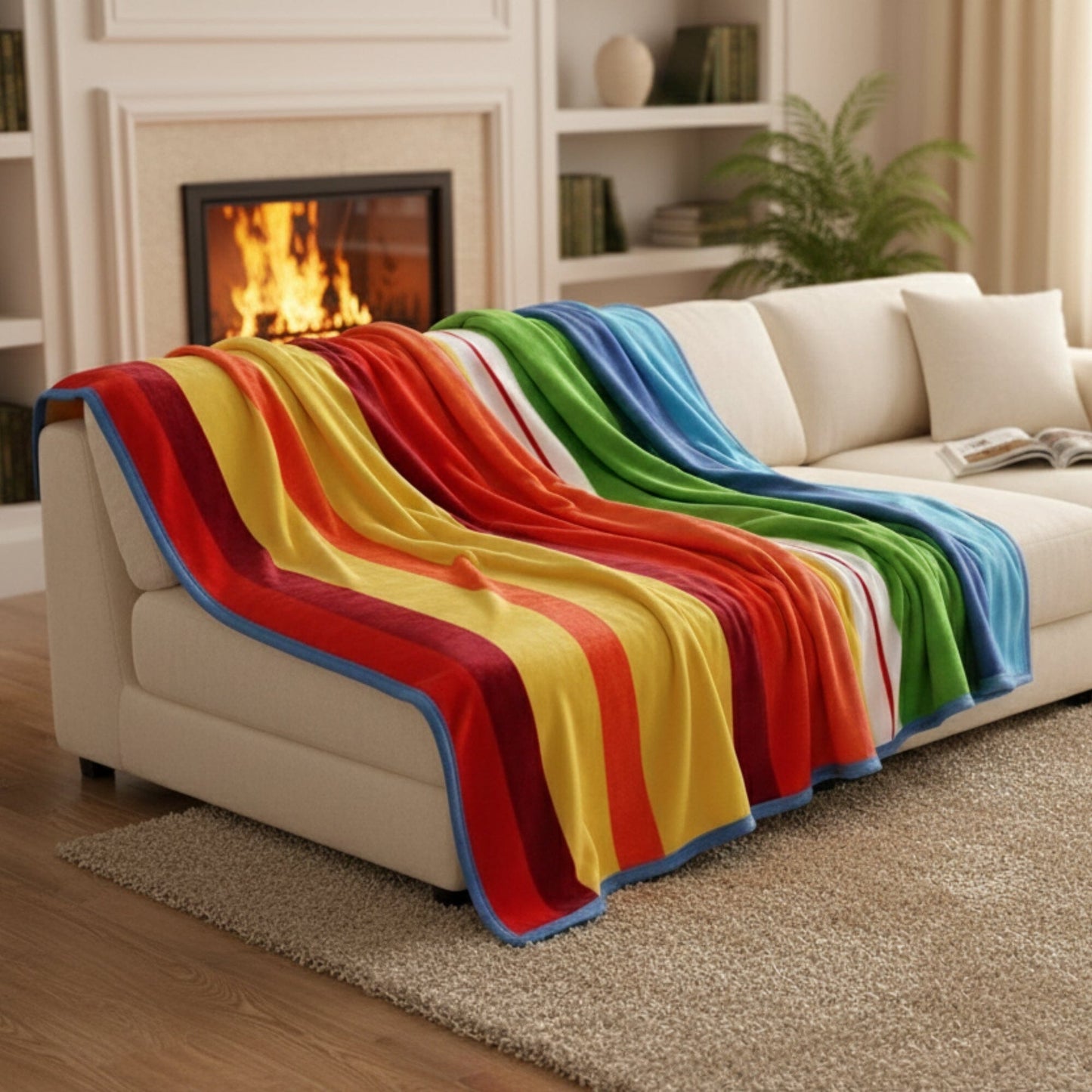 Striped Rainbow Reversible Plush Flannel Fleece Throw Blanket