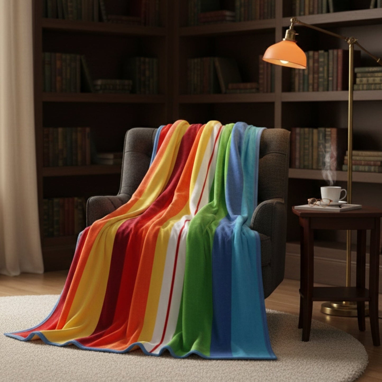 Striped Rainbow Reversible Plush Flannel Fleece Throw Blanket