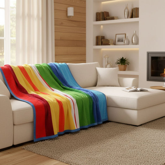 Striped Rainbow Reversible Plush Flannel Fleece Throw Blanket