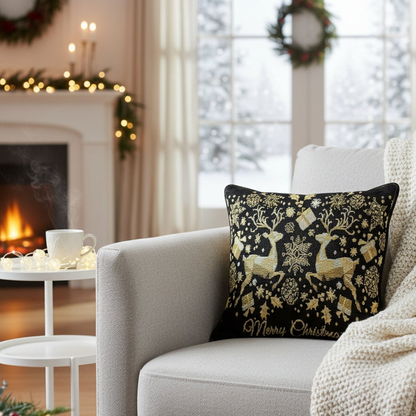Golden Reindeer Woven Tapestry Throw Pillow Covers 16" x 16"