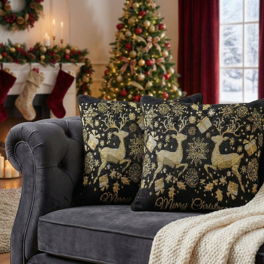 Golden Reindeer Woven Tapestry Throw Pillow Covers 16" x 16"