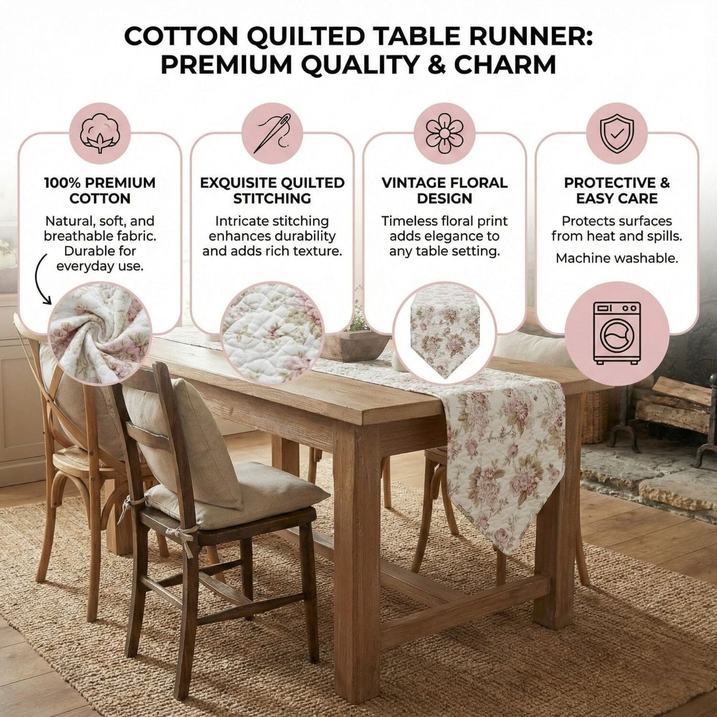 Cottage Floral Roses Quilted Cotton Dining Table Runner