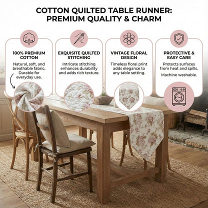 Cottage Floral Roses Quilted Cotton Dining Table Runner