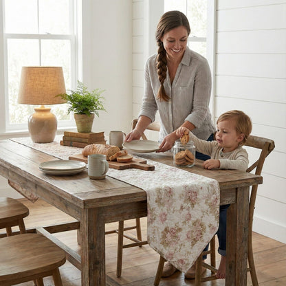 Cottage Floral Roses Quilted Cotton Dining Table Runner