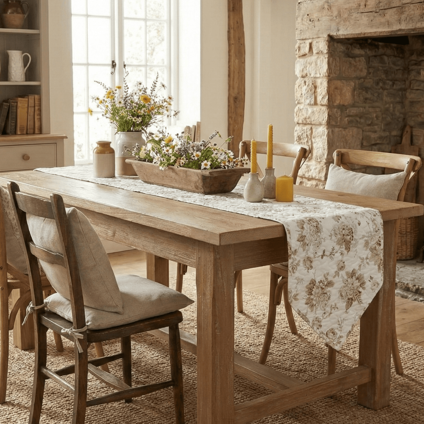 Cottage Floral Roses Quilted Cotton Dining Table Runner