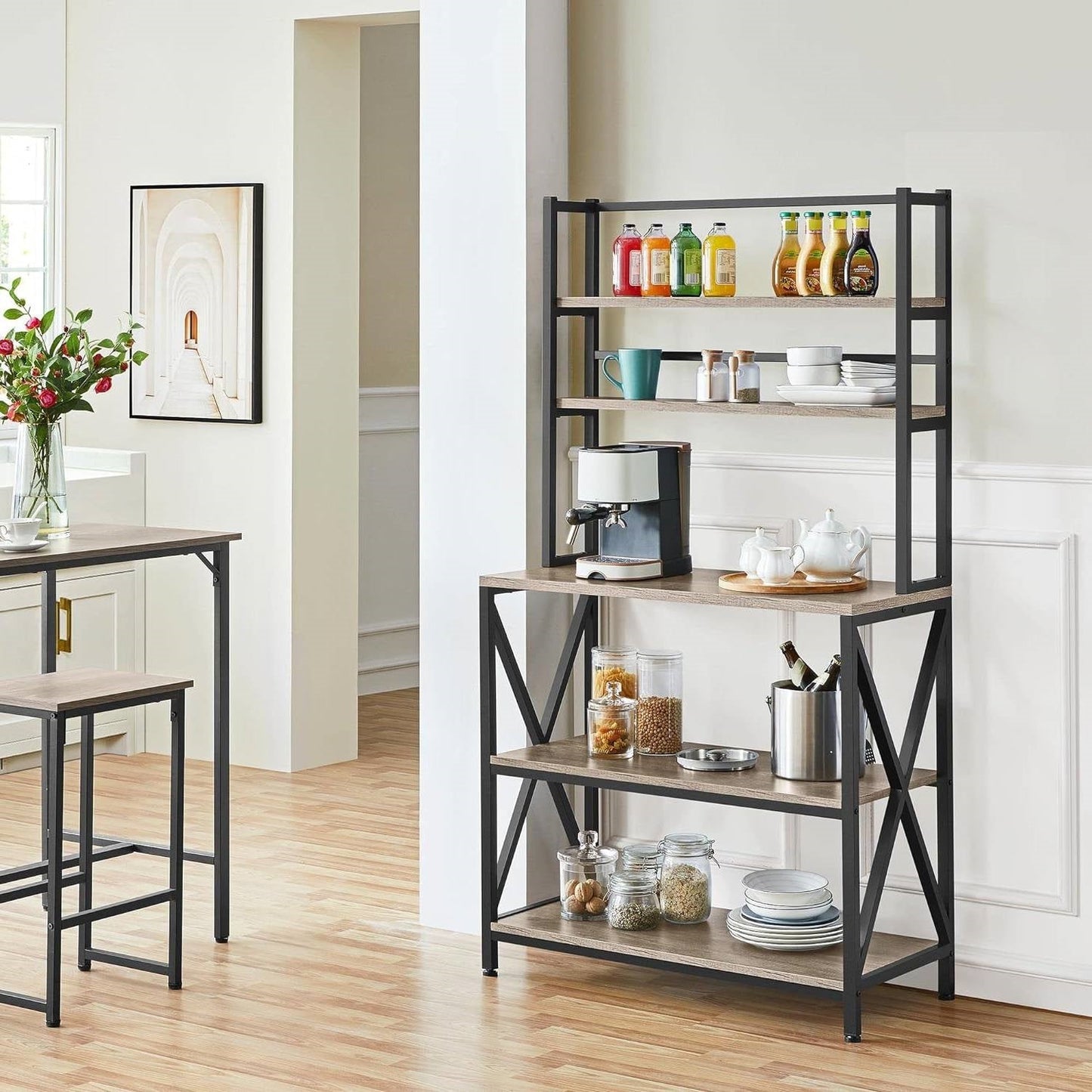 Black Metal/Wood Bakers rack with shelves
