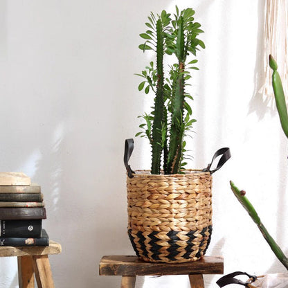 Two-Tone Basket Planter with Leather Handles