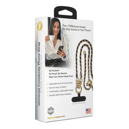 Gold Chain with Black Vegan Leather Crossbody Phone Strap