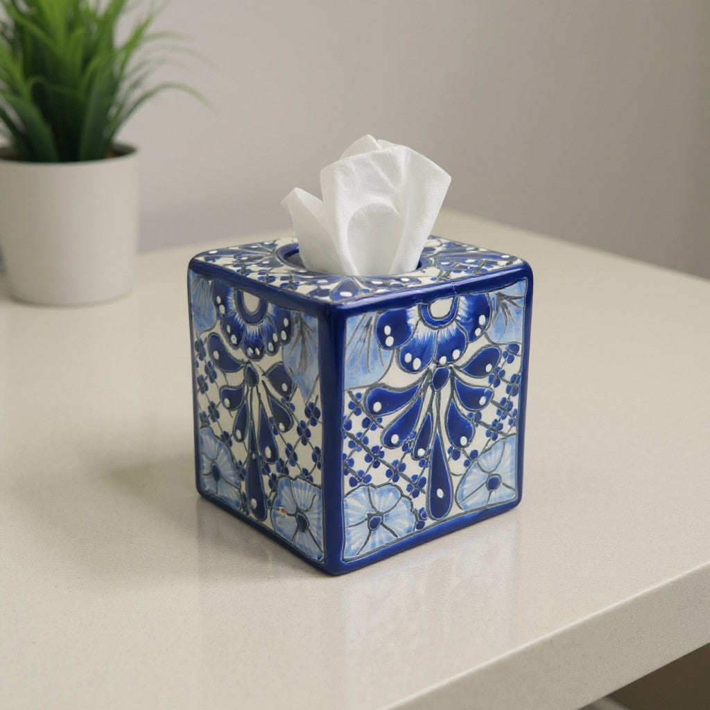 Blue & White Talavera Tissue Box, Handmade