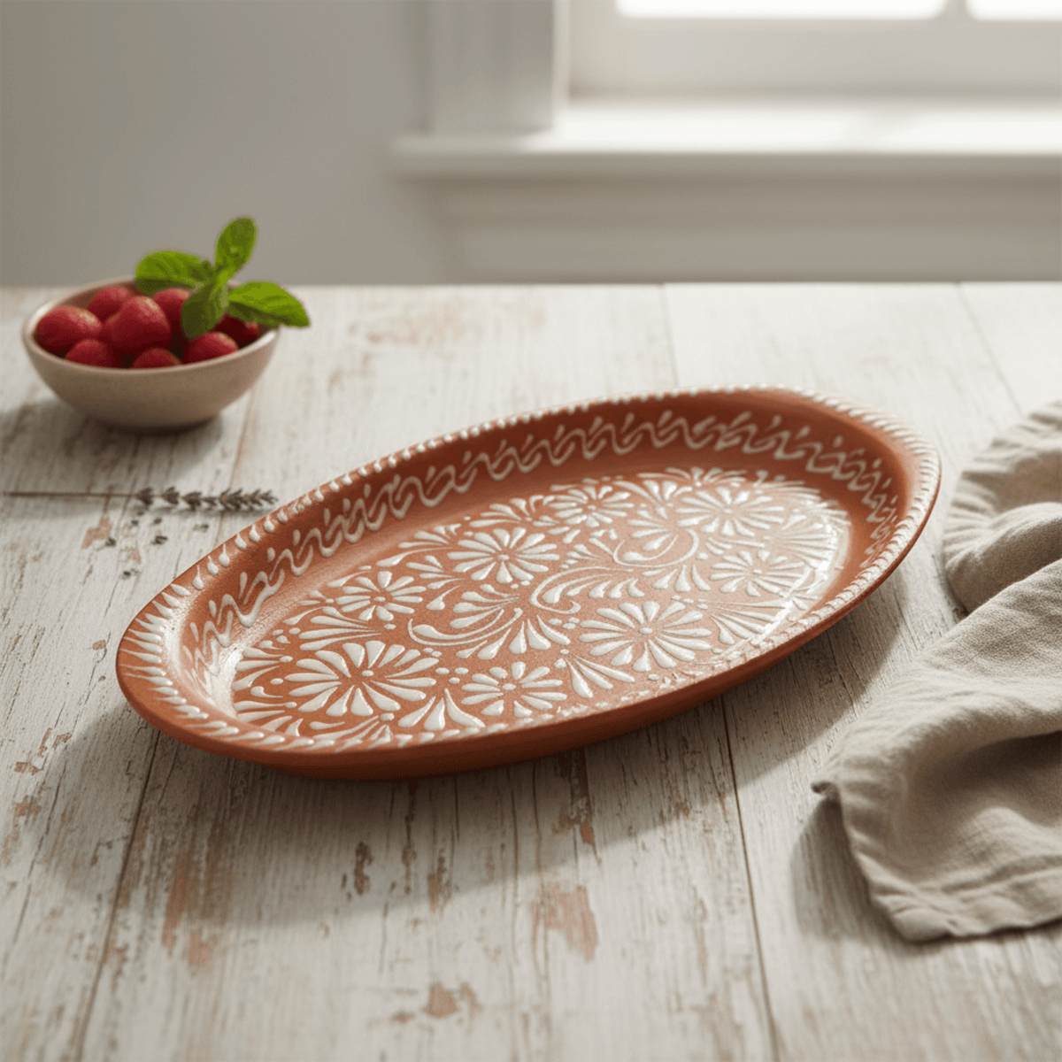 Talavera Oval Platter | Brown & White Tray