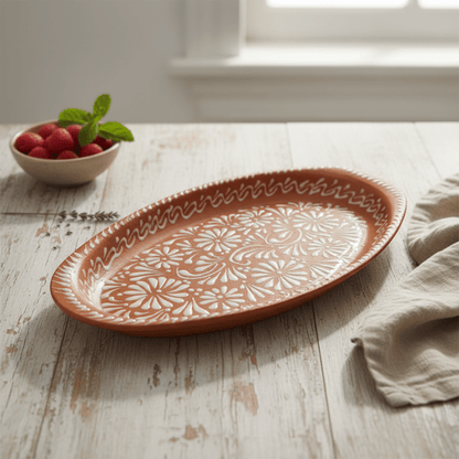 Talavera Oval Platter | Brown & White Tray