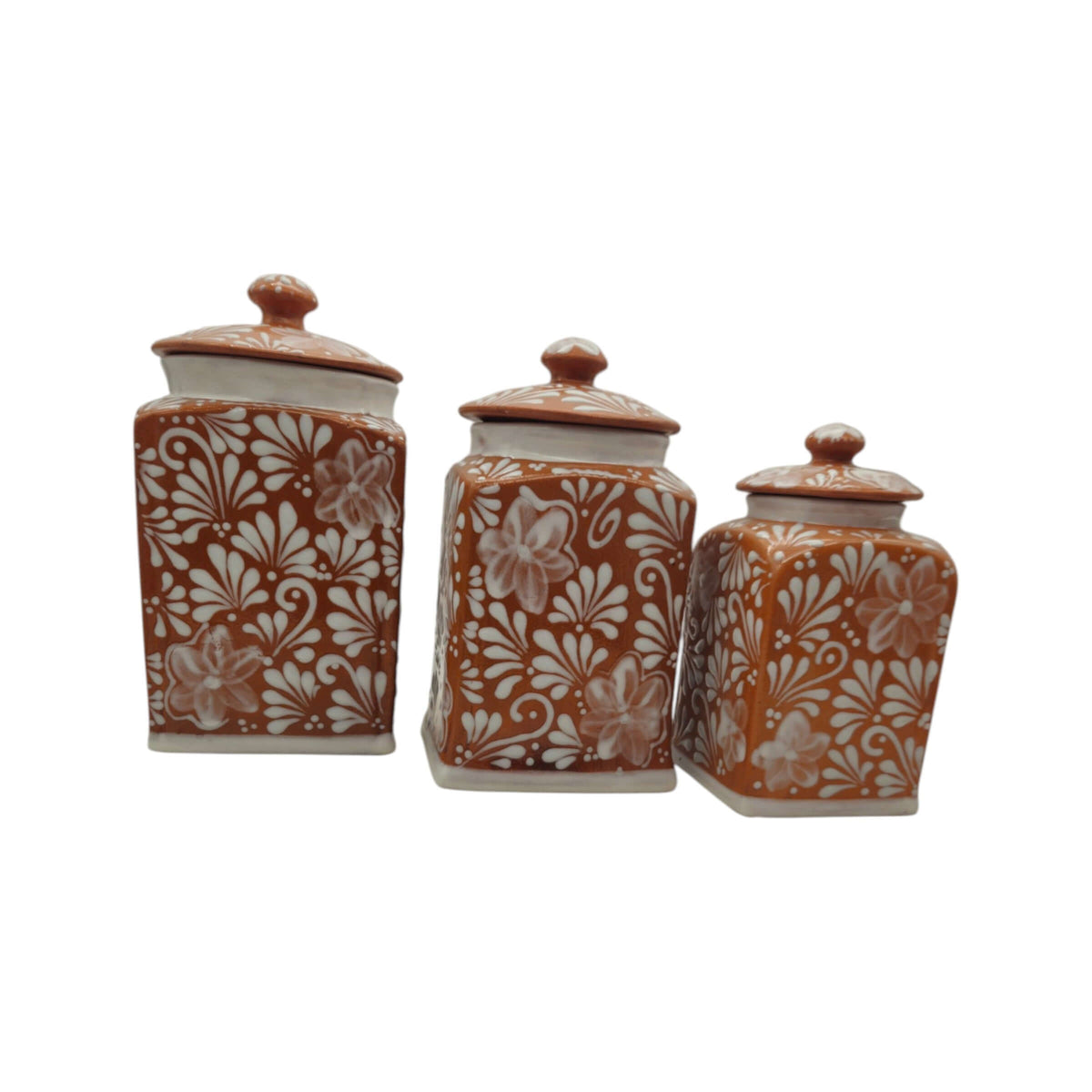 Talavera Canister Set | Brown & White Floral Kitchen Decor
