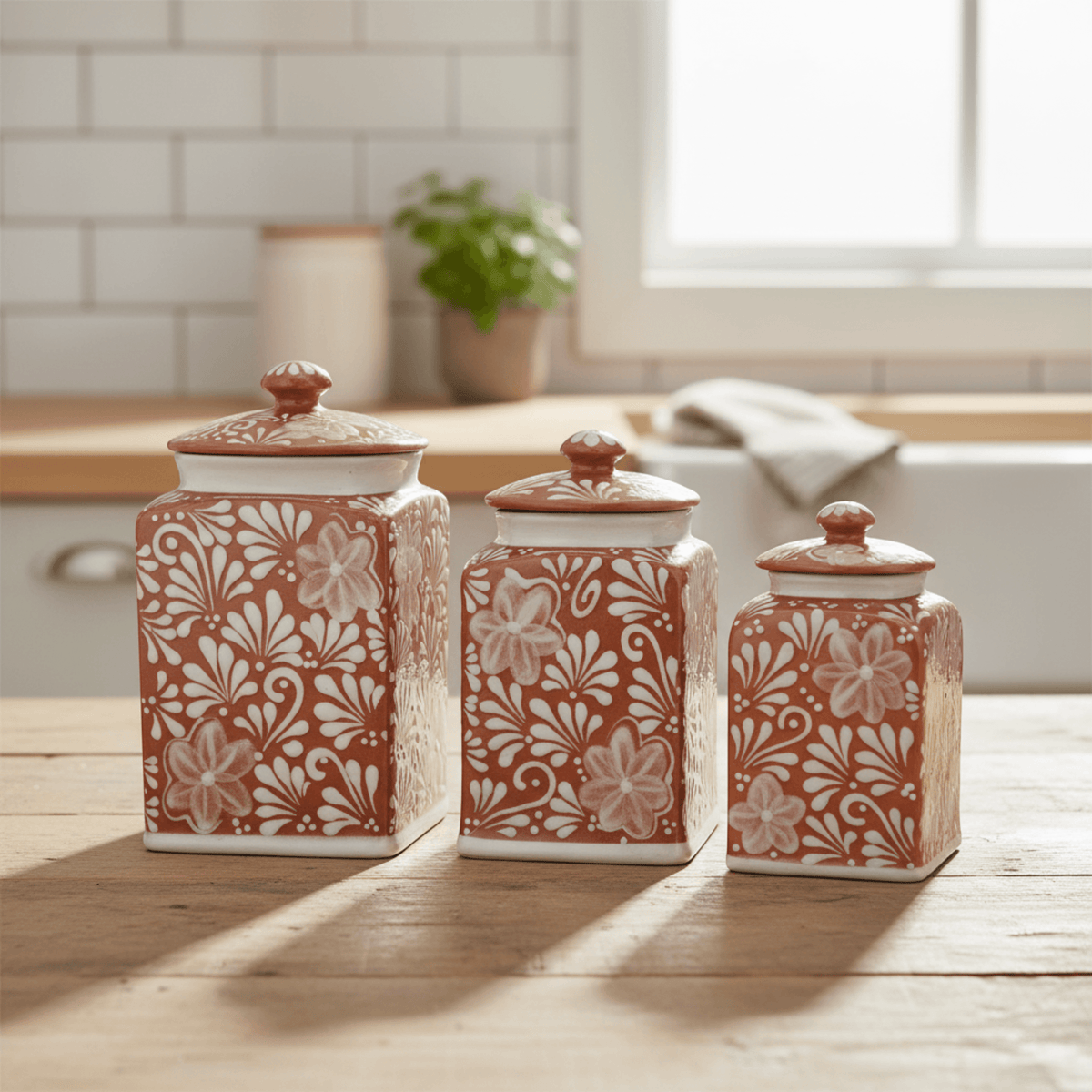 Talavera Canister Set | Brown & White Floral Kitchen Decor