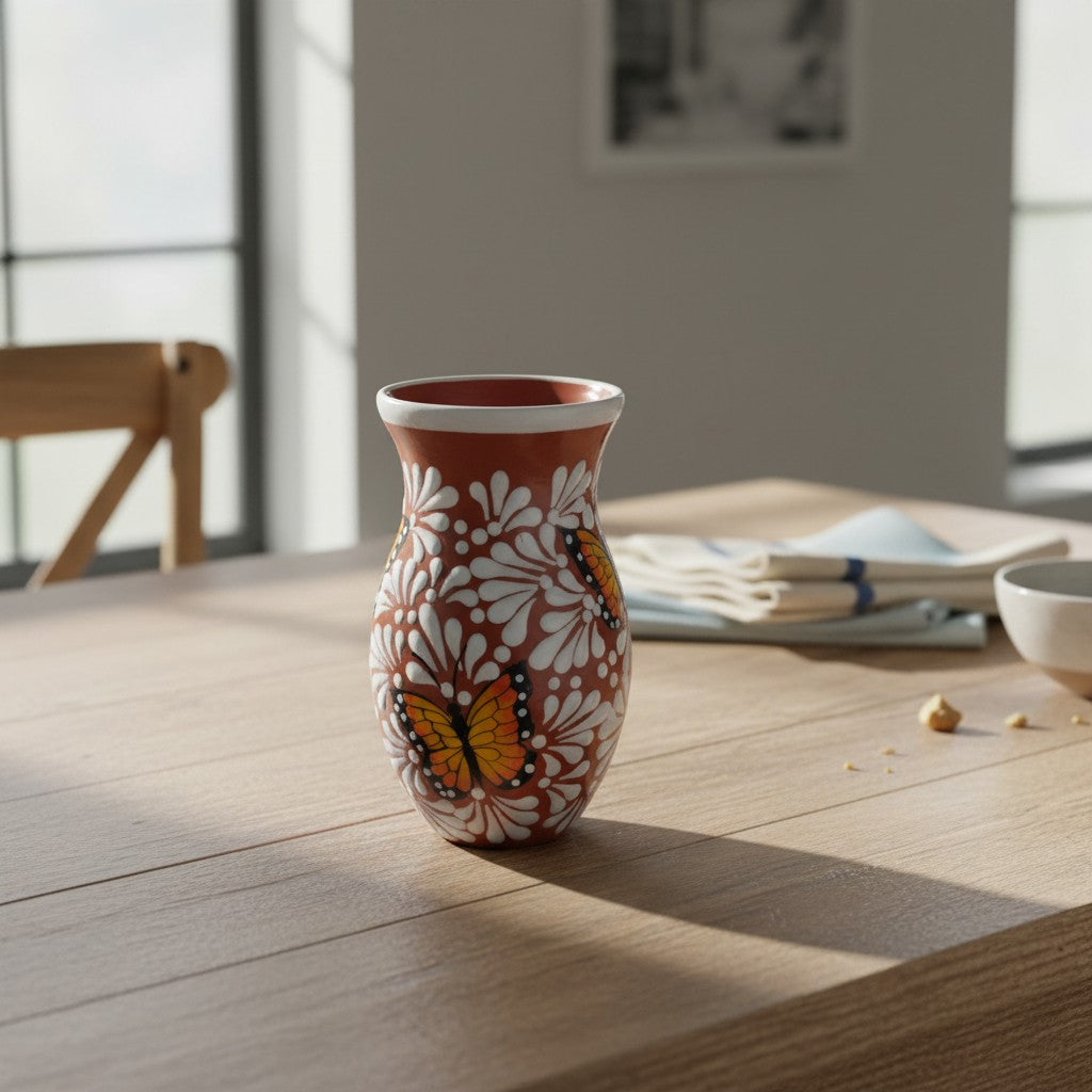 Brown & White Talavera Vase w/ Monarch Butterfly Design