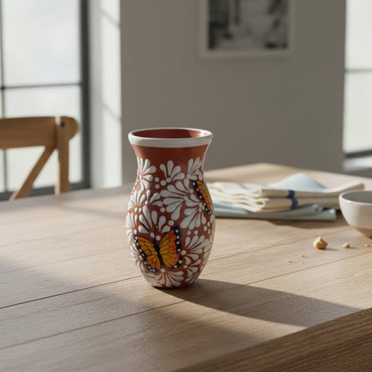 Brown & White Talavera Vase w/ Monarch Butterfly Design