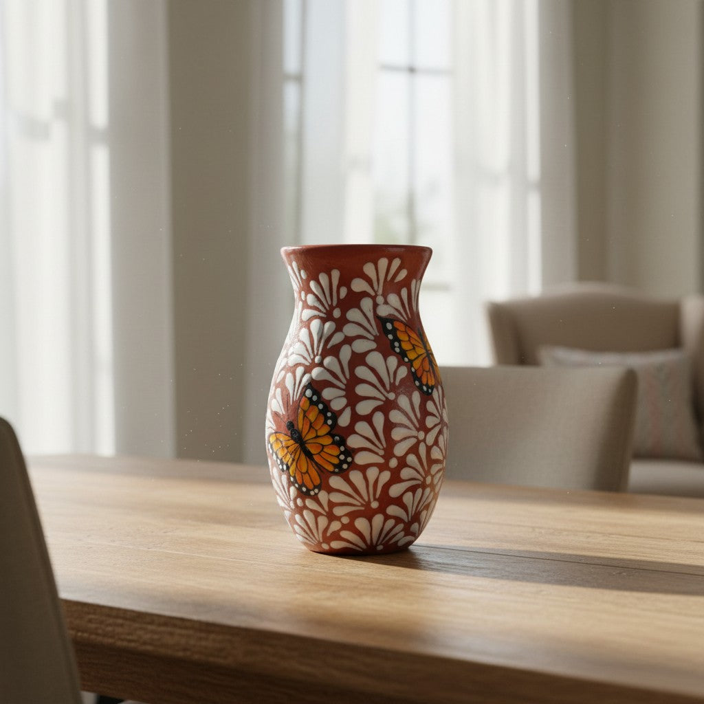 Brown & White Talavera Vase w/ Monarch Butterfly Design