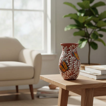 Brown & White Talavera Vase w/ Monarch Butterfly Design