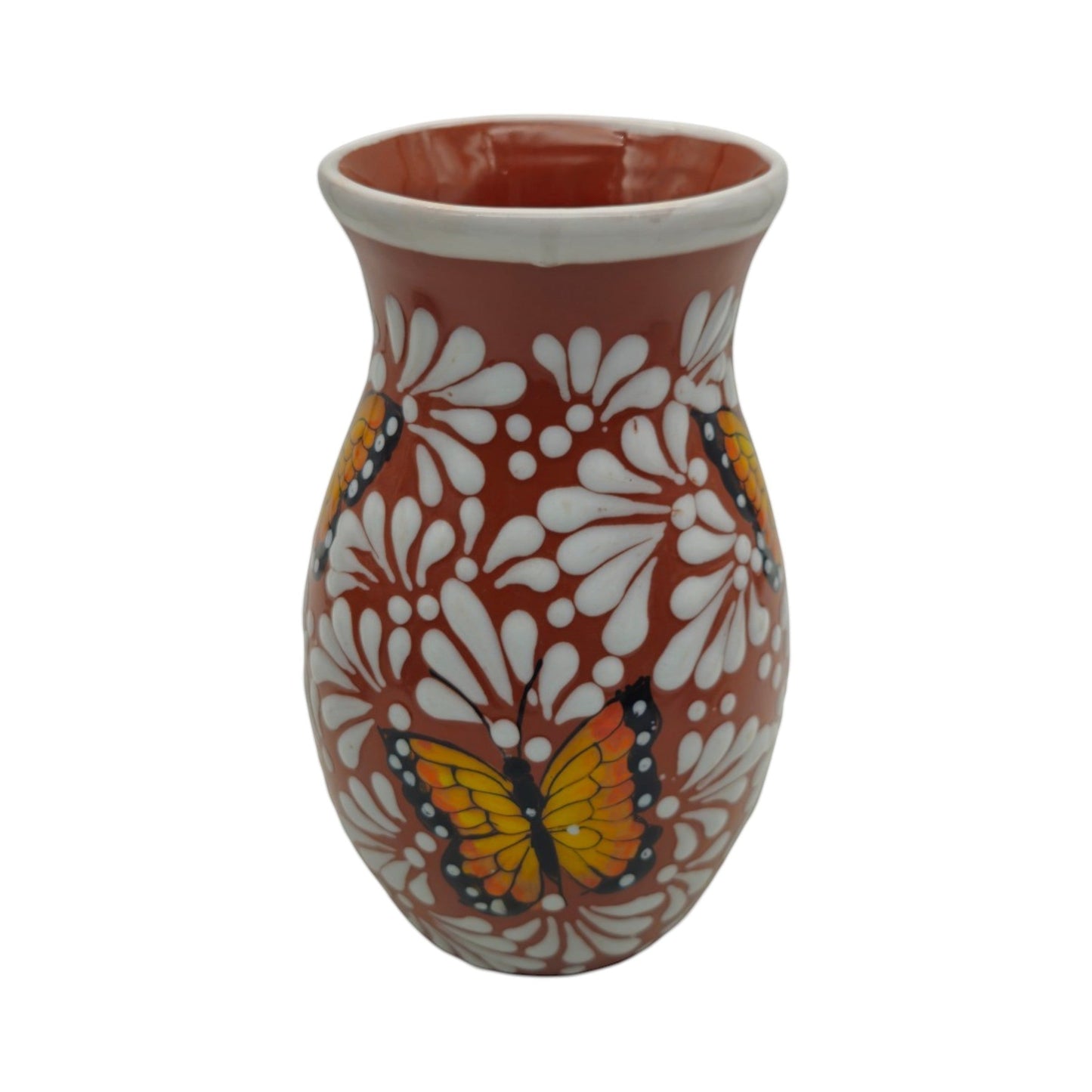 Brown & White Talavera Vase w/ Monarch Butterfly Design