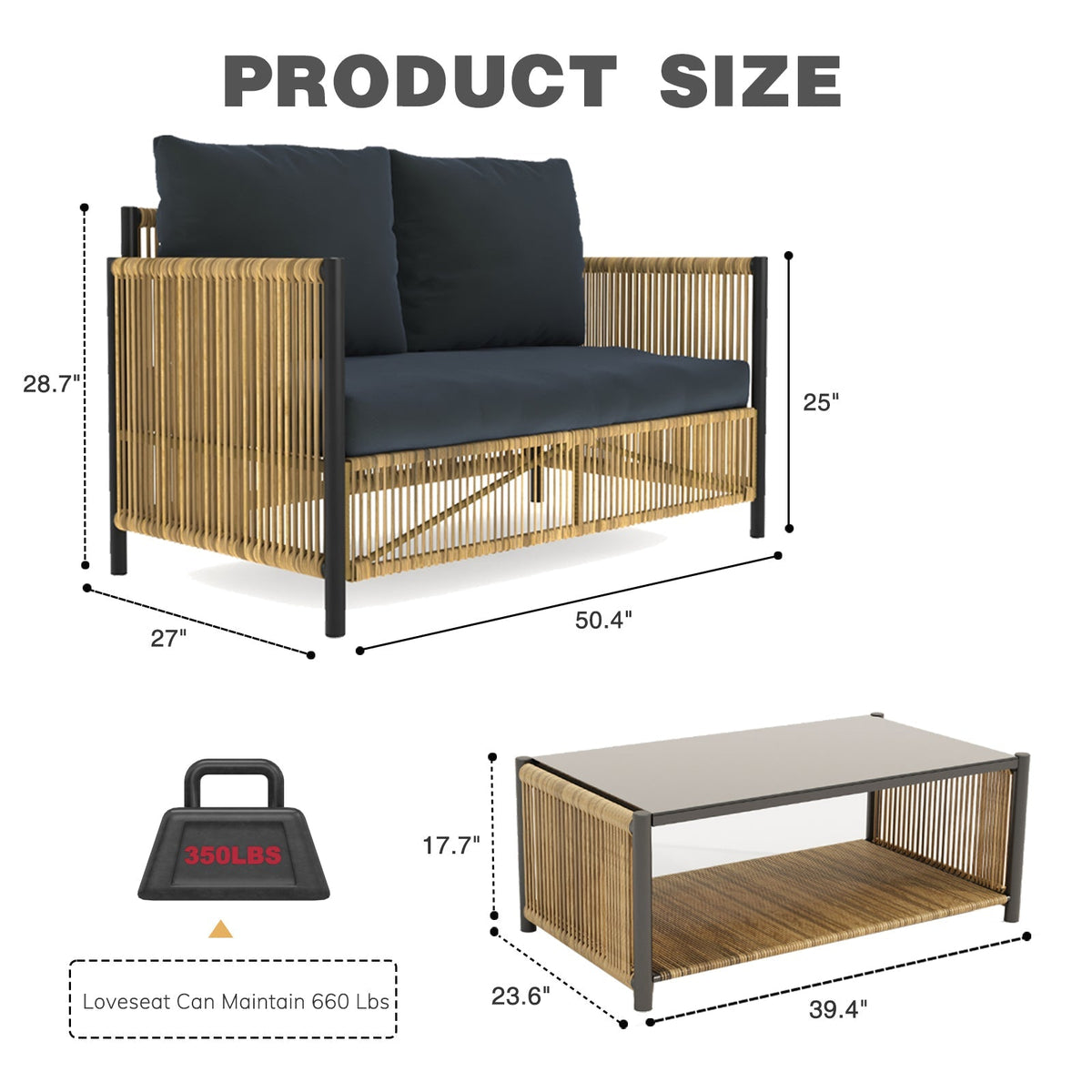 Outdoor PE Wicker 2-Seater Sofa Set with Grey Cushions and Table