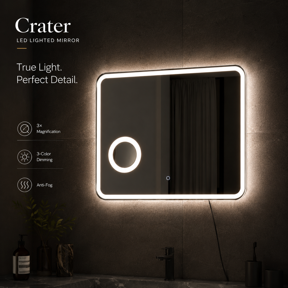 Crater II LED Bathroom Mirror | Anti-Fog, 3X Magnification