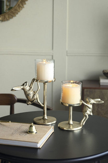 7x4x7.5' Gold Rabbit Pillar Candle Holder with Clear Glass Hurricane Shade