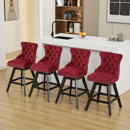 Swivel Velvet Barstools with Button Tufted Decoration - Set of 2 (Wine Red)