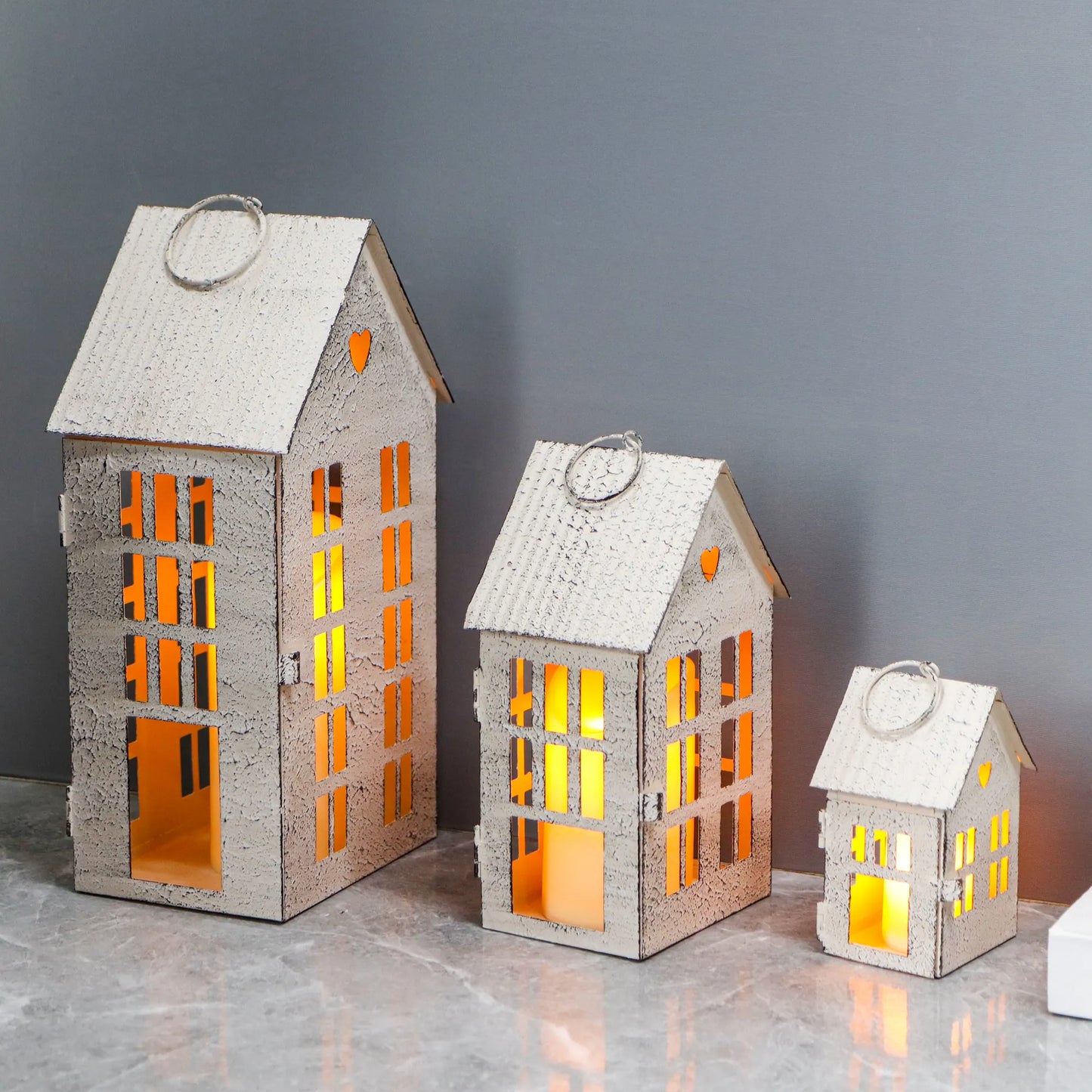 13.5"&9.5"&5.5"H Village Farmhouse House Candle Holders