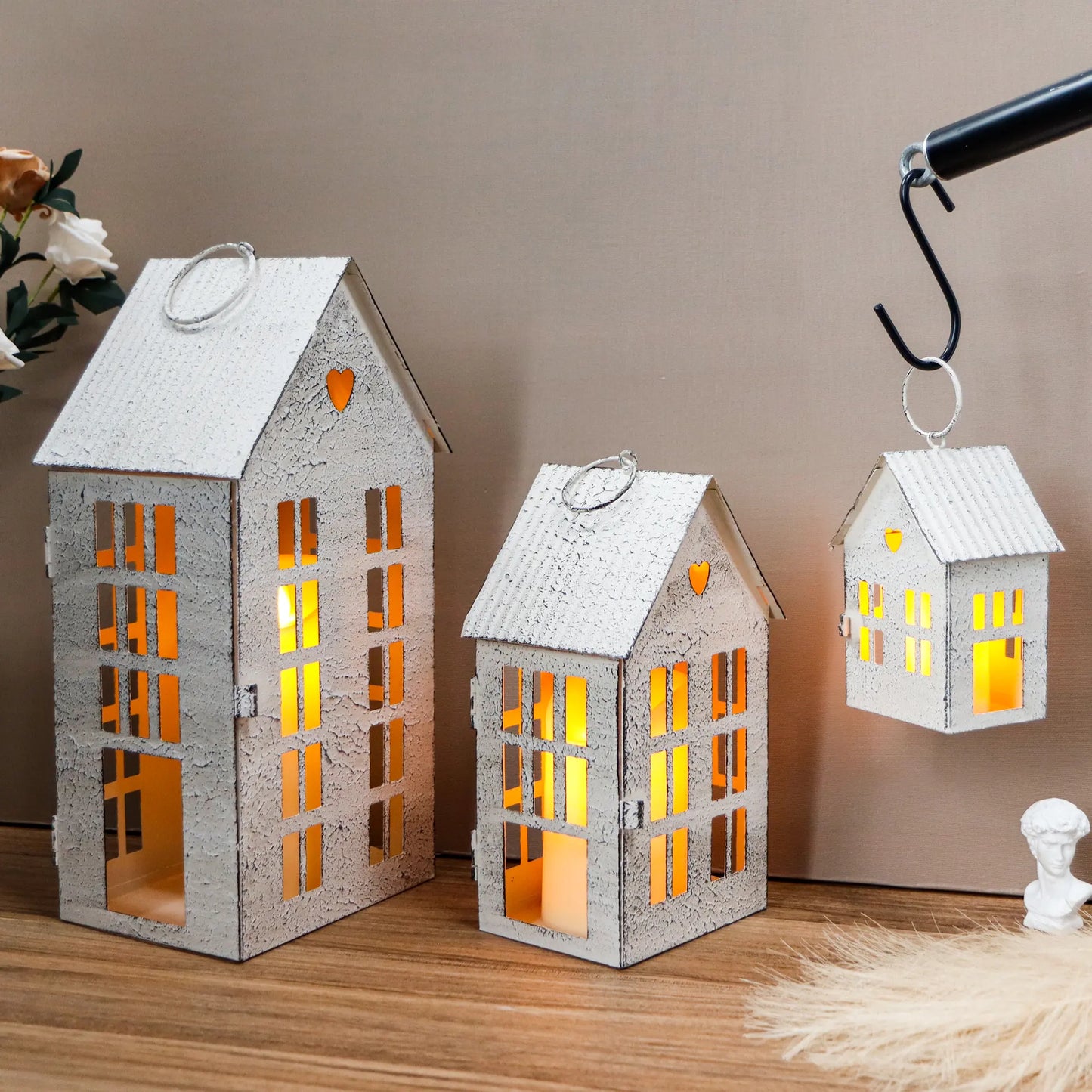 13.5"&9.5"&5.5"H Village Farmhouse House Candle Holders