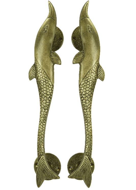 Dolphin Door Handles – Brass, Pair (12"L x 2"W)