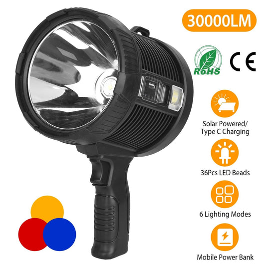 30000LM Rechargeable LED, Waterproof, Portable Spotlight