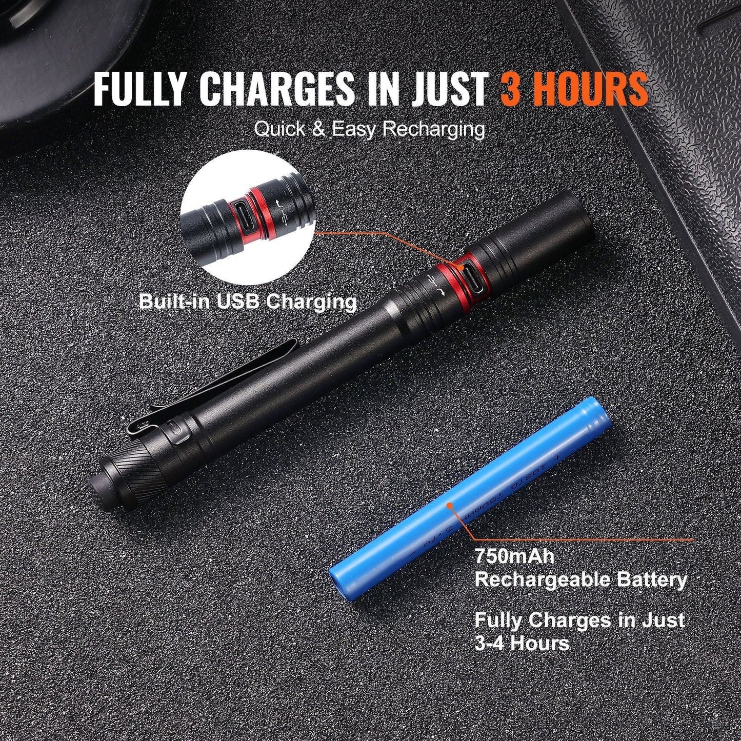 5.9 Inch Rechargeable Penlight, 300 lumens, 3 Light Modes