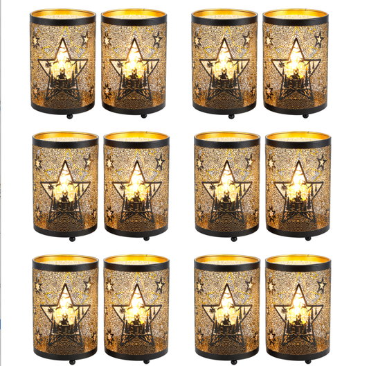 12PCS Etched Star lamp Battery Operated 6.5" H Bronze Metal Lamp with 6H Timer