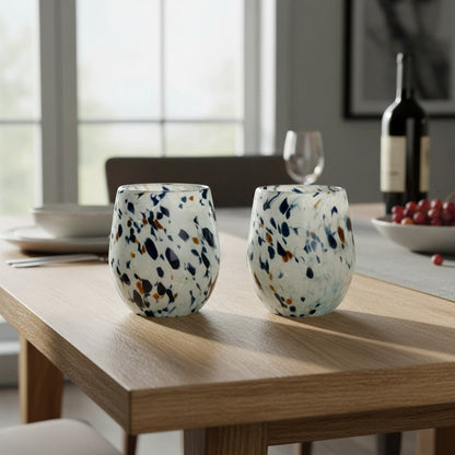 Hand-Blown Mexican Stemless Wine Glass w/ Blue Design