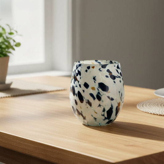 Hand-Blown Mexican Stemless Wine Glass w/ Blue Design