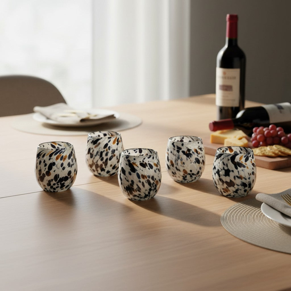 Hand-Blown Mexican Stemless Wine Glass w/ Blue Design