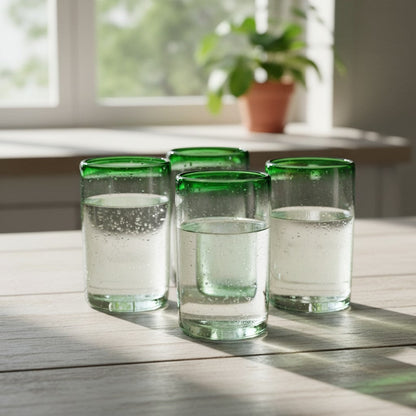 Hand-Blown Mexican Tumbler Glass w/ Green Rim