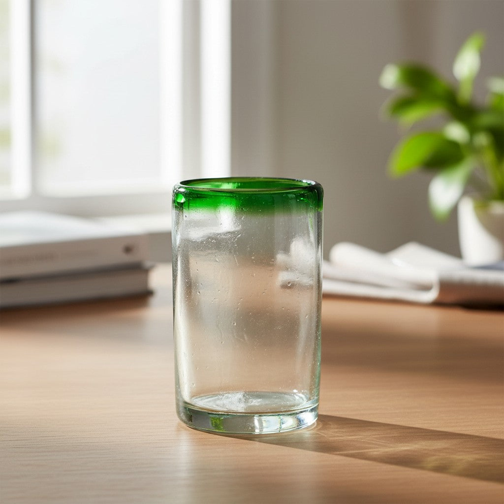 Hand-Blown Mexican Tumbler Glass w/ Green Rim