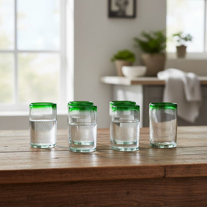 Hand-Blown Mexican Tumbler Glass w/ Green Rim