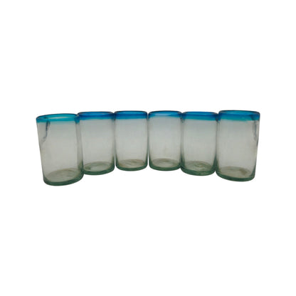 Hand-Blown Mexican Tumbler Glass w/ Teal Rim