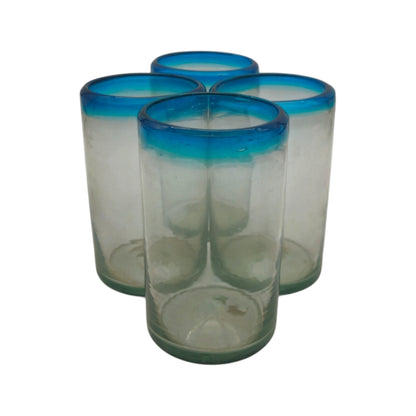 Hand-Blown Mexican Tumbler Glass w/ Teal Rim