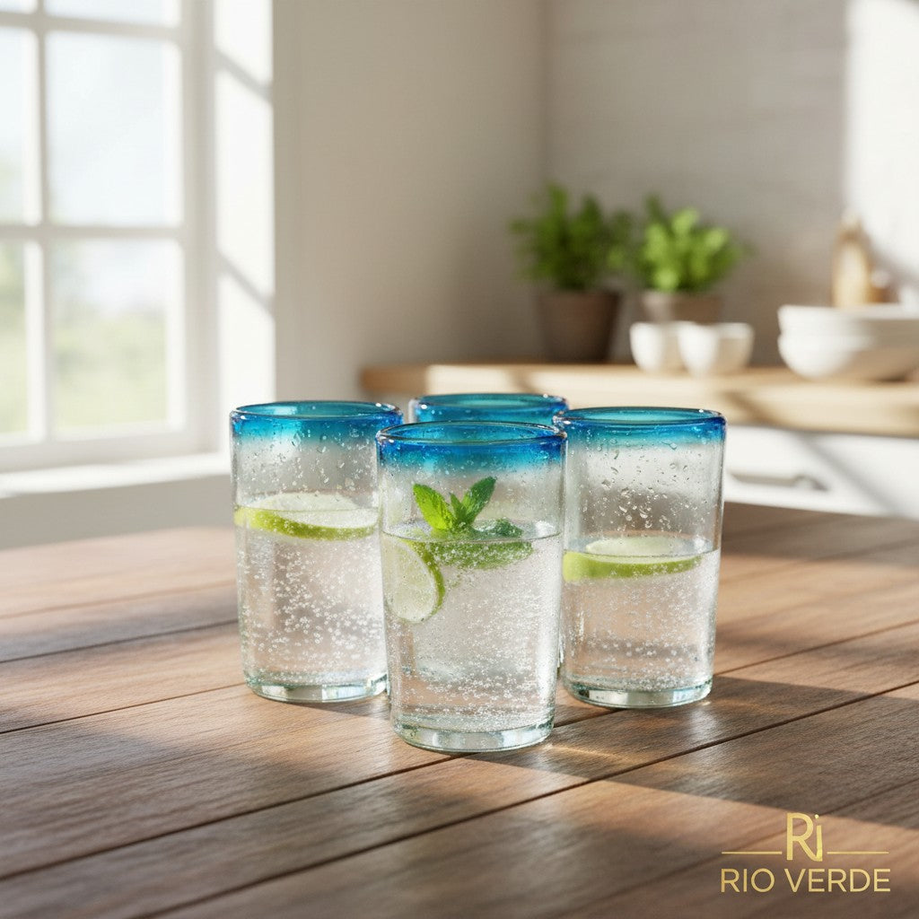 Hand-Blown Mexican Tumbler Glass w/ Teal Rim