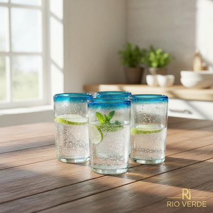 Hand-Blown Mexican Tumbler Glass w/ Teal Rim