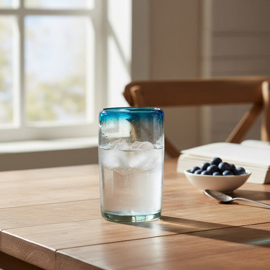 Hand-Blown Mexican Tumbler Glass w/ Teal Rim