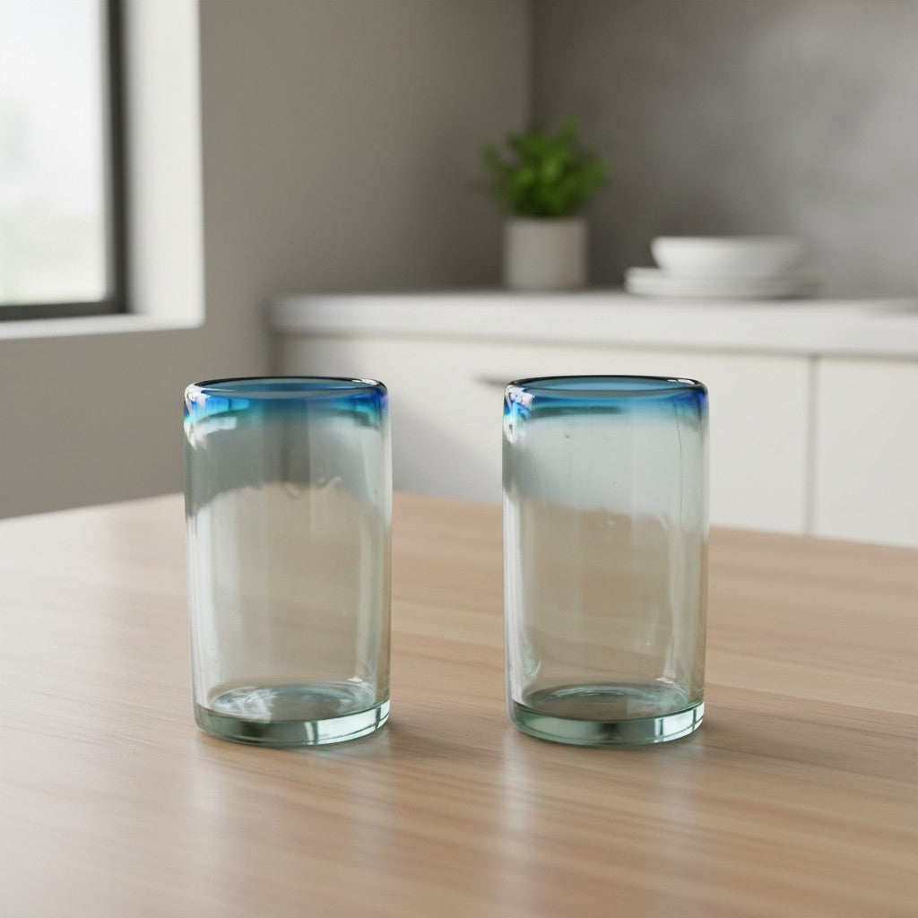 Hand-Blown Mexican Tumbler Glass w/ Teal Rim