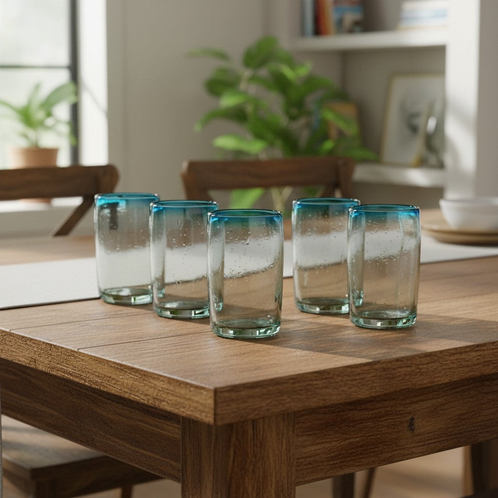 Hand-Blown Mexican Tumbler Glass w/ Teal Rim